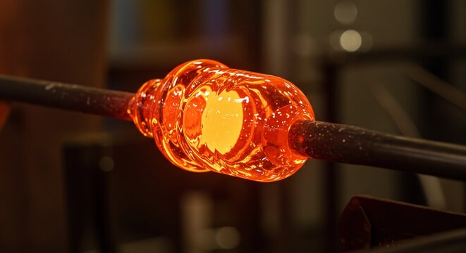 High-resolution cinematic photo of molten glass being shaped, glowing orange liquid, reflections of light, soft cinematic bokeh, full HD clarity.”