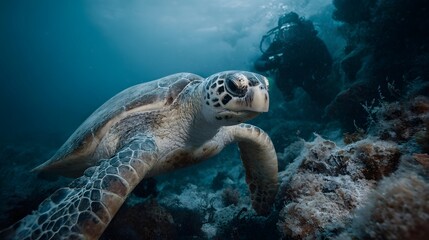 Fototapeta premium A majestic sea turtle swims gracefully underwater near a coral reef with a diver observing in the distance