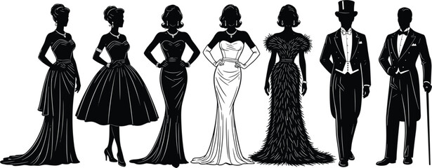 Elegant vintage fashion silhouettes, retro evening gowns, classic tuxedos, formal wear, sophisticated style, black and white vector illustration, glamour, elegance.