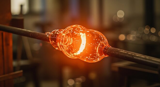 High-resolution cinematic photo of molten glass being shaped, glowing orange liquid, reflections of light, soft cinematic bokeh, full HD clarity.” - Powered by Adobe