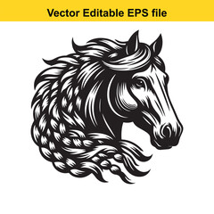 Black and white illustration of a horse head isolated on white background