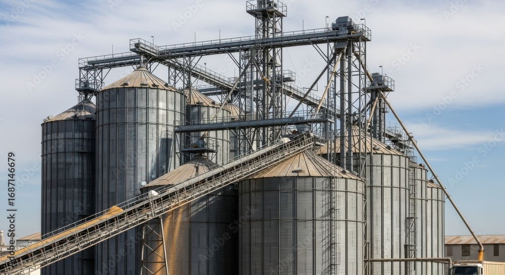 Poster medium shot of stacked metal silos connected by conveyor belts illustrating efficient bulk grain han