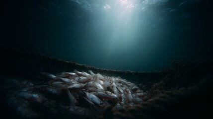 Underwater fishing net filled with dead fish illuminated by sunlight rays piercing the deep blue sea