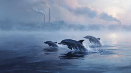 Fototapeta premium Dolphins leaping in hazy waters with industrial smokestacks in the background symbolizing environmental contrast