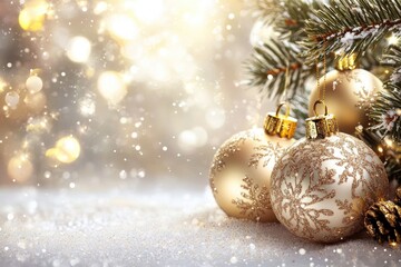 Festive winter scene with snow-covered pine branches and elegant christmas ornaments
