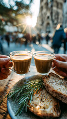 Shared Coffee Moment: A sun-kissed urban escape with espresso and toast, perfect for connecting and enjoying the city vibes.