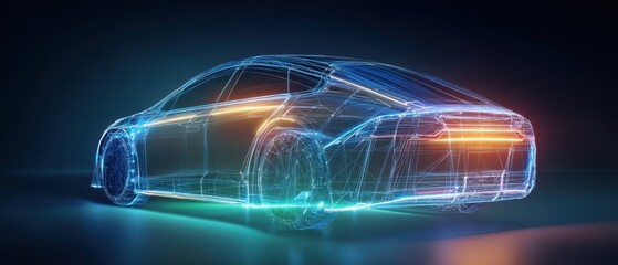 The futuristic wireframe car glowing with neon lights in a dark background.