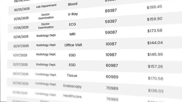 Medical billing statements showing detailed numbers breakdown animation isolated on white background