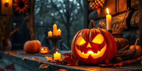 Fototapeta premium A spooky halloween scene featuring a carved pumpkin and lit candles