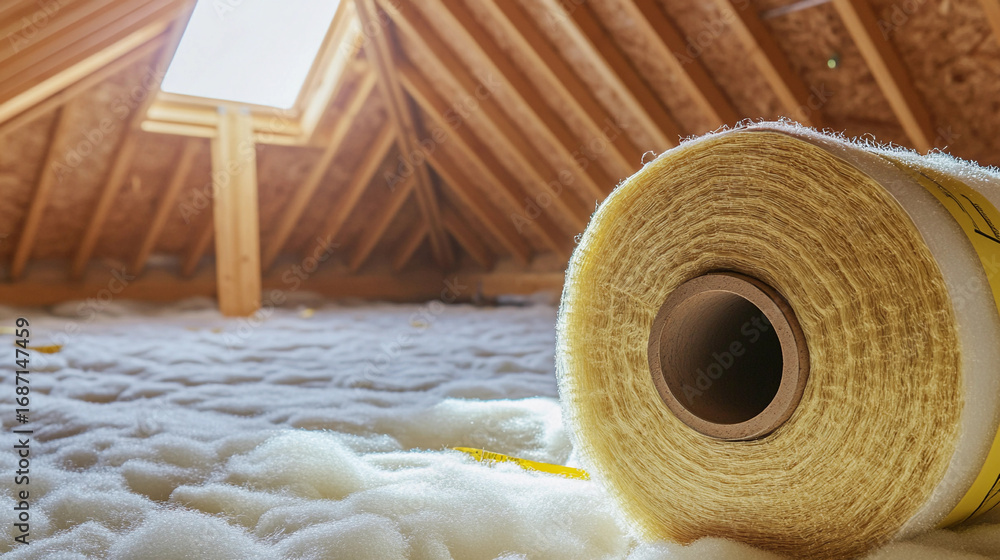 Poster minimalist attic with insulation materials ready for installation generative ai