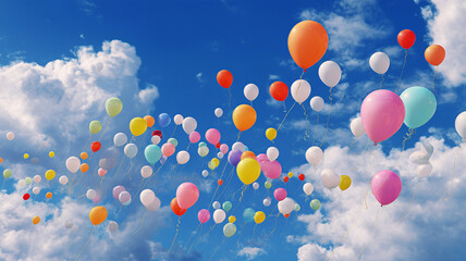 Fototapeta premium 夏の入道雲と青空に舞う色とりどりの風船たち