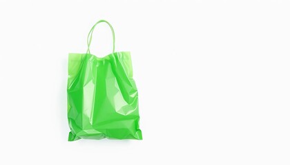 High-res image of a single green plastic shopping bag on pure white background,  texture,   eco bag