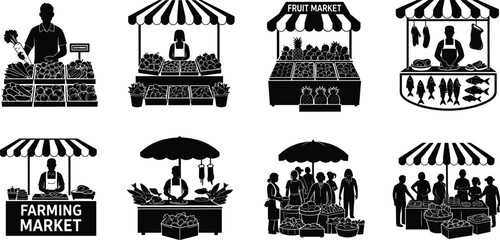 Naklejka premium Farmers market stall vector set, fruits, vegetables, fish, people shopping, farming produce stand, local organic food illustration