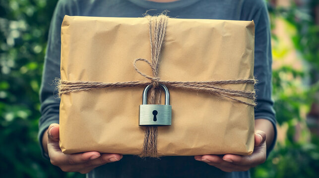 Person holds securely a locked package in outdoor setting Generative AI