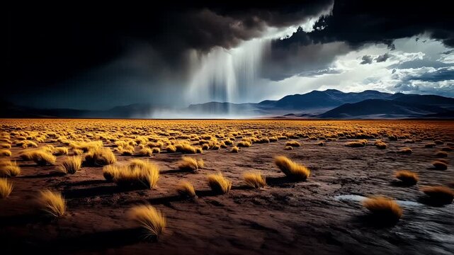 Drought, dry environment. A vivid portrayal of a desert landscape dominated by golden tufts of grass under a dramatic sky. The scene is characterized by a vast expanse of sand dunes.