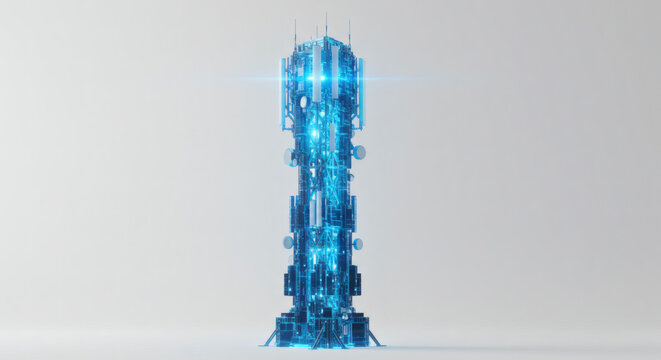 Futuristic Communication Tower A High-Tech Digital Rendering on a Clean White Background