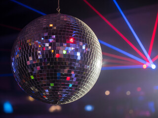 Obraz premium Boule disco à facettes en boite de nuit avec lumière lasers