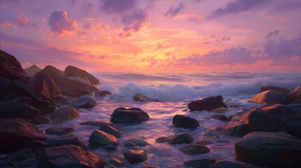 Beautiful ocean sunset landscape with rocks and waves seascape nature photography scenic view peaceful tranquil scene