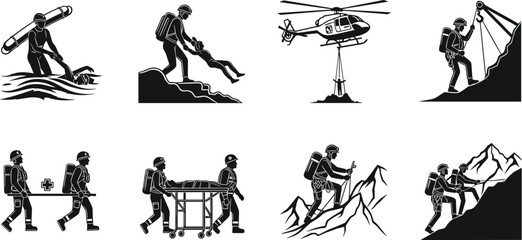 Mountain rescue vector set, emergency response, stretcher team, helicopter lift, rope climbing, alpine search, river rescue, first aid icons