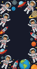Adobe illustrator artwork vector illustration. Cute cartoon astronauts, rockets, planets, and stars create a playful vertical frame design on a dark blue background, ideal for kids' party invitations