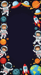 Adobe illustrator artwork vector illustration. Cute cartoon astronauts, rockets, planets, and stars create a playful vertical frame design on a dark blue background, ideal for kids' party invitations