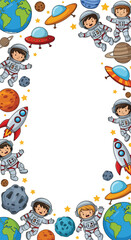 Adobe illustrator artwork vector illustration. Cute cartoon astronauts, rockets, planets, and stars create a playful vertical frame design on a dark blue background, ideal for kids' party invitations