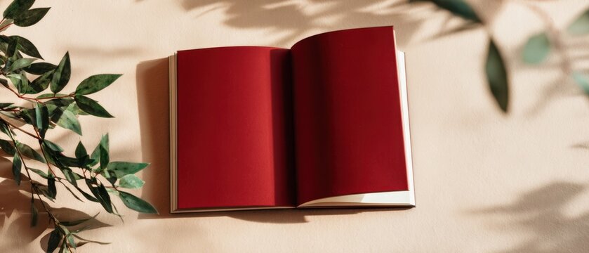 The Open Red Book on a Light Wooden Table with Green Foliage
