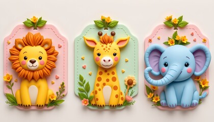 Colorful Baby Animal Labels with Floral Accents