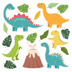 Set clipart of cute dinosaurs, leaves, dino eggs and volcanoes in hand drawn vector cartoon