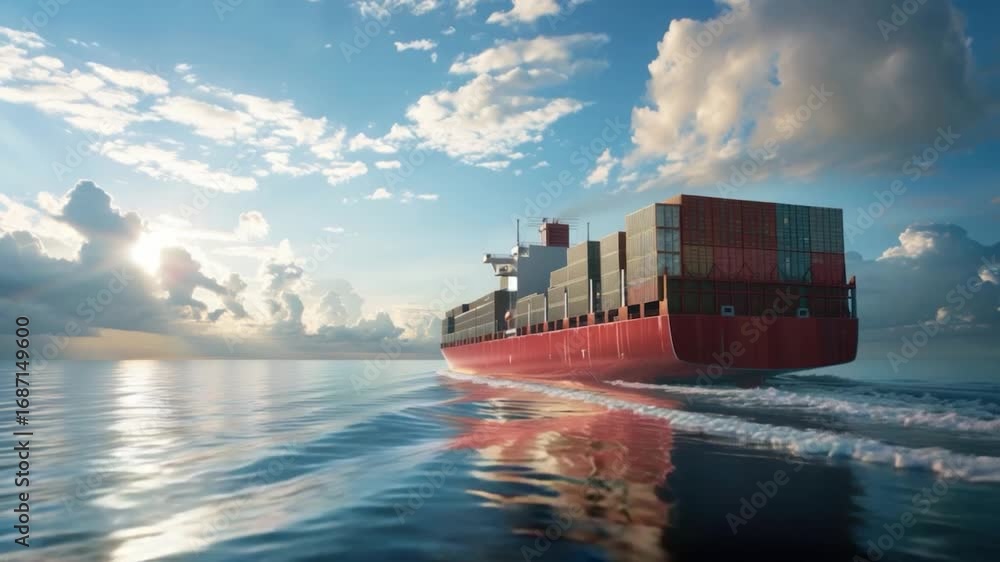 Poster large container ship sailing on the open ocean, with waves and sun setting in the background