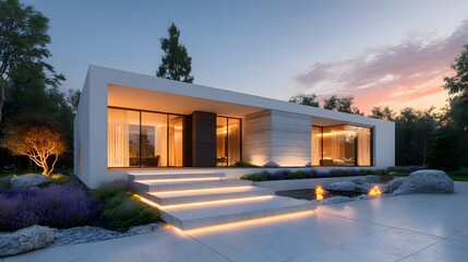 Stunning modern minimalist house at twilight with large windows revealing a warm, illuminated interior. Photorealistic architectural photography with nice landscaping.