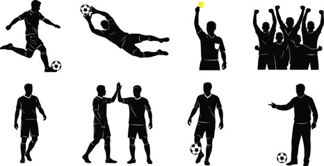 Soccer player and referee silhouettes vector set with kicking, goalkeeping, yellow card, team celebration, coaching, and high-five illustrations