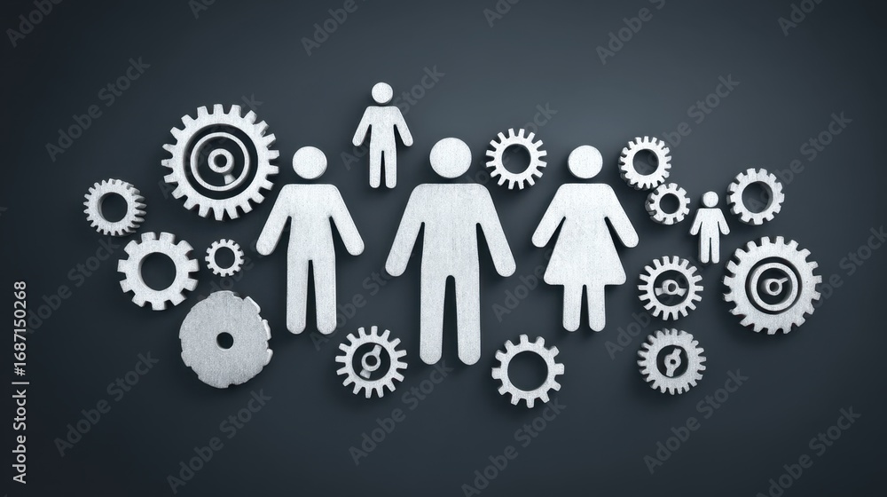 Poster abstract representation of teamwork and collaboration with human figures and gears, symbolizing mech