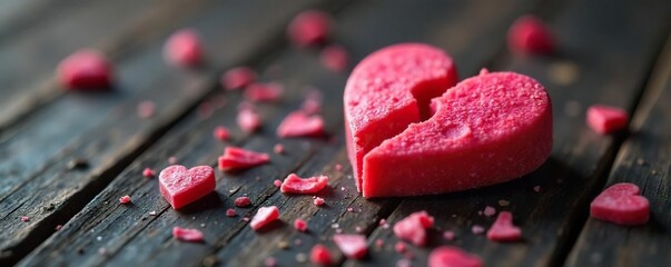 Close-up of a broken heart-shaped candy, scattered fragments on a dark wooden surface The image evokes feelings of heartbreak and lost love on Valentine's Day , texture, texture