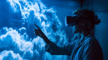 Person wearing VR headset, pointing at blue screen displaying cloud-like patterns - Powered by Adobe
