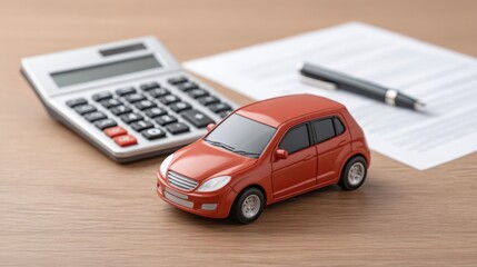Red car toy on wooden desk with calculator and documents for vehicle finance analysis and budget planning in personal finance situation