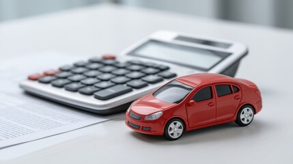Red toy car placed beside a calculator on a table with financial documents highlighting transportation and budgeting concepts in a modern workspace