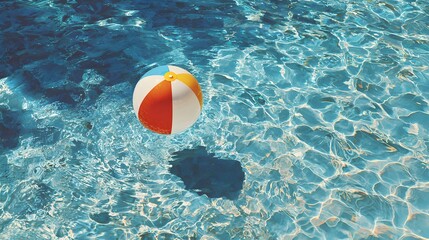 Vibrant, multi-colored beach ball gently bobs in a crystal-clear pool creating soft ripples under the bright sun. Photorealistic image with cinematic lighting.