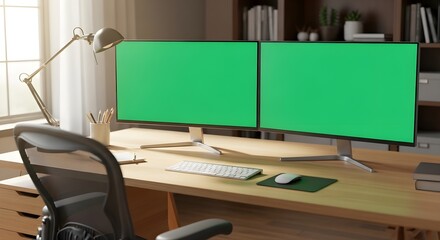 Two computer monitors with green screens sit on a wooden desk in a bright, modern home office setting.