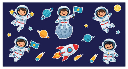 Adobe illustrator artwork vector illustration. A fun vector sticker set featuring cute cartoon astronauts in various poses with stars, planets, rockets, and comets, all on a dark space background