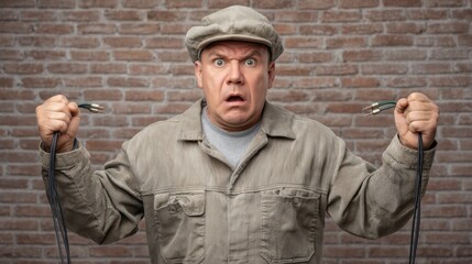 Fototapeta premium Shocked Electrician Holding Wires with a Surprised Expression Against a Brick Wall Background in a Vintage Style Suitable for Various Projects