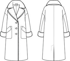 Winter long coat illustration, women's fashion outerwear, fur collar and cuffs, buttoned front, warm casual coat design, garment flat sketch