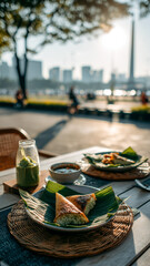 Delicious Southeast Asian cuisine served on a wooden table with cityscape in the distance, creating a serene outdoor ambiance.