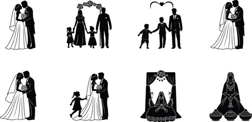 Wedding and family silhouettes, bride and groom, children, traditional dress, romantic couples, wedding ceremony, elegant celebration icons