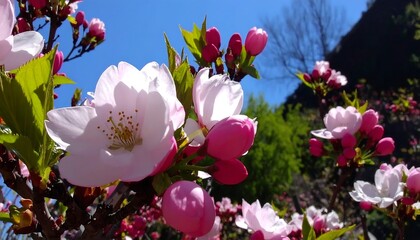 Blossoming branches in spring sunlight