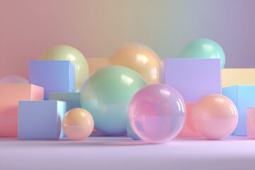 Pastel-colored spheres and geometric shapes create a visually stunning and dreamy abstract composition perfect for creative projects