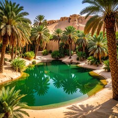 Oasis with palm trees and a tranquil pool