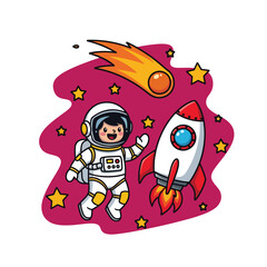 Adobe illustrator artwork vector illustration. A joyful cartoon astronaut floats alongside a rocket and a fiery comet, surrounded by stars on a dark space background. Perfect for children's books