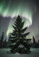 A stunning display of the Northern Lights illuminates the night sky above a snowcovered forest, casting a mesmerizing glow over the evergreen trees