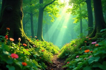 Lush green forest floor bursting with vibrant wildflowers, ferns, and lush undergrowth Sunlight dapples through the canopy, illuminating the rich biodiversity , ecology, environment, forest